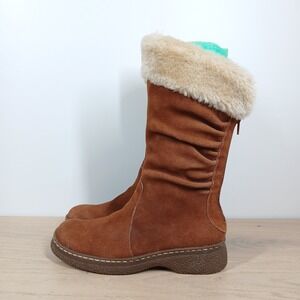 BareTraps Willing Boots Women 8 Brown Leather Faux Fur Winter Mid Calf Cozy